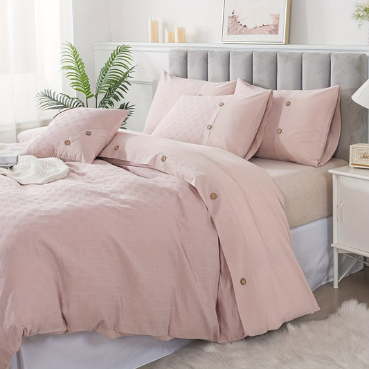 Pink Duvet Cove Set 100% Cotton Waffle Weave Bedding Reversible Washed Cotton Luxury Textured Tufted Zipper Comforter Cover Unique Embellished Button Soft Breathable All Season 3pcs