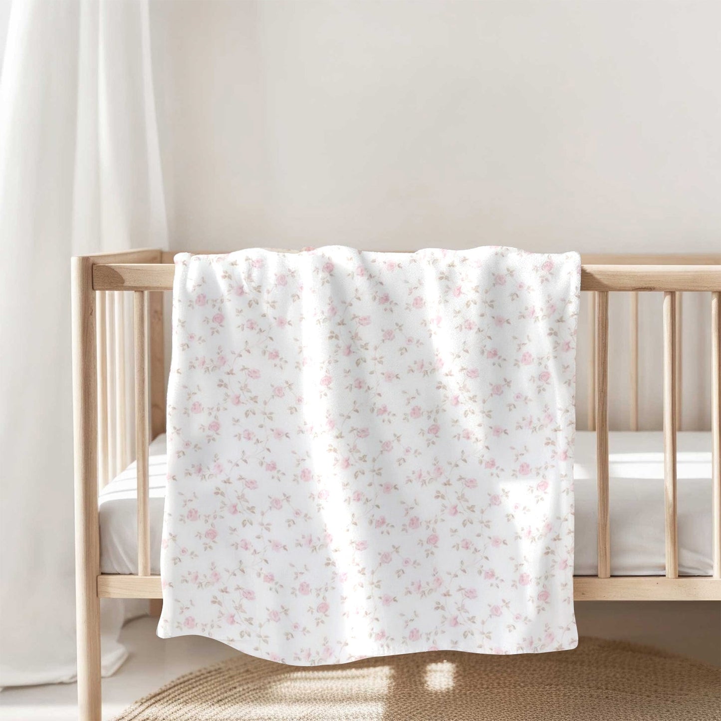 1pc 280Gsm Home Pink Flowers with White Background, Plant Pattern Large Flannel Blanket, Sofa, Bed Blanket, Car Blanket, Outdoor Garden Warm Blanket, Gift