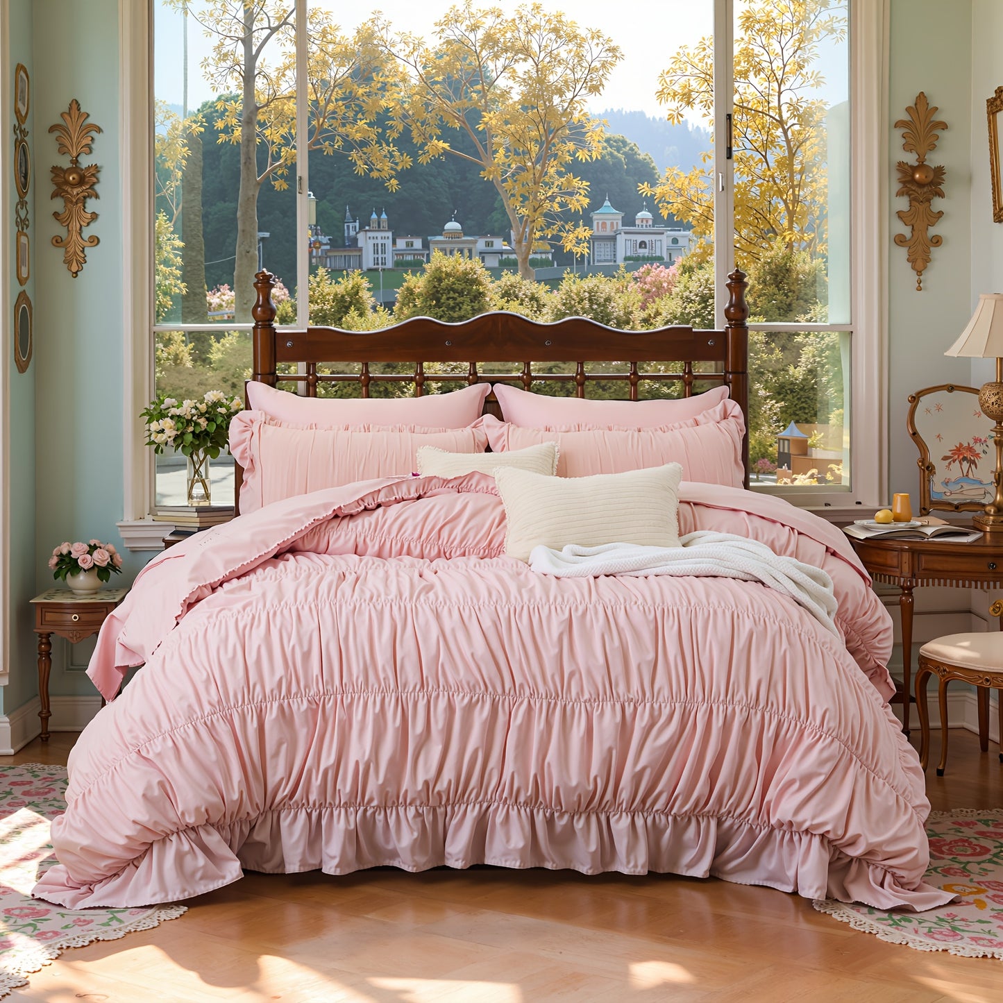 Beige Comforter Set Queen Size, Ruched Boho Bedding 9pcs Bed-in-a-Bag for All Seasons, Fluffy Luxury Ruffle Bedding Set with Comforter, Flat Sheet, Fitted Sheet, Pillow Shams, Pillowcases