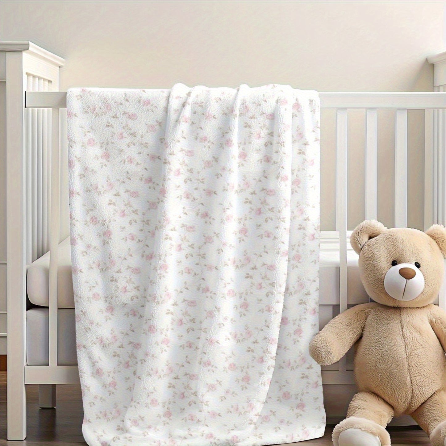1pc 280Gsm Home Pink Flowers with White Background, Plant Pattern Large Flannel Blanket, Sofa, Bed Blanket, Car Blanket, Outdoor Garden Warm Blanket, Gift