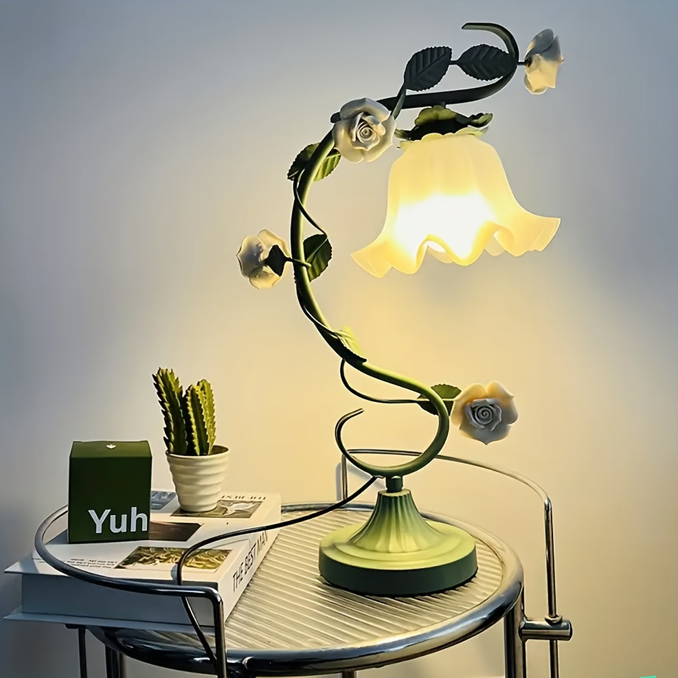 Romantic Flowers, Green Vines, Wrought Iron Country-style Desk Lamp With Ceramic White Rose Flowers' Ideal Choice For Valentine'S Day Gift. It Can Be Used As A Desk Lamp Or Bedside Lamp Powered By USB, Suitable For Bedroom, Study And Living Room.