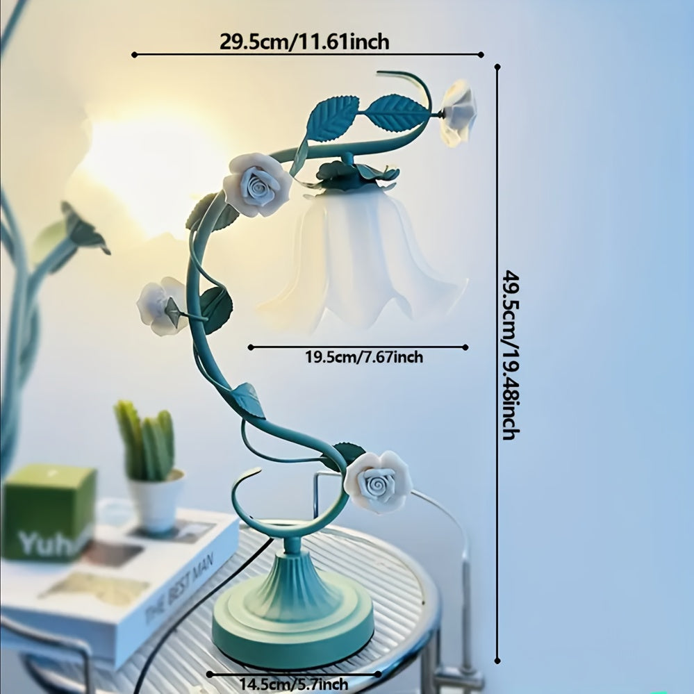 Romantic Flowers, Green Vines, Wrought Iron Country-style Desk Lamp With Ceramic White Rose Flowers' Ideal Choice For Valentine'S Day Gift. It Can Be Used As A Desk Lamp Or Bedside Lamp Powered By USB, Suitable For Bedroom, Study And Living Room.