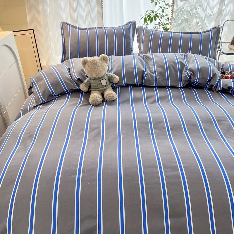 3pcs Duvet Cover Set (1*Duvet Cover + 2*Pillowcase, Without Core), Simple Grey And Blue Striped Print Bedding Set, Soft Comfortable Duvet Cover, For Bedroom, Guest Room
