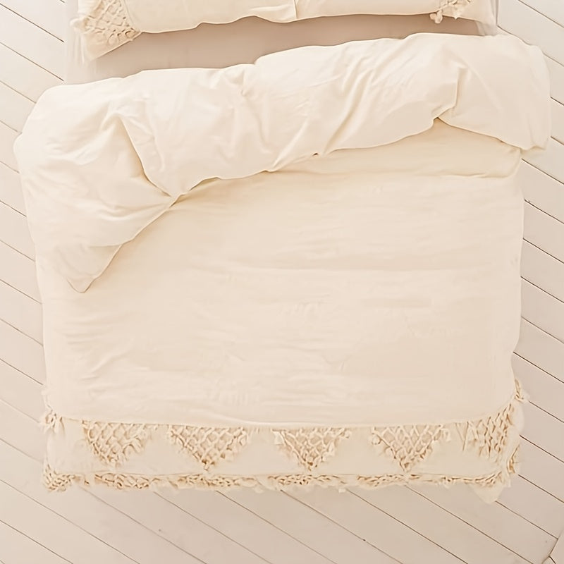 86in x 90in Ivory Tufted Tassel Duvet Cover, Lattice Boho Bedding, Fits Full Queen Size Bed