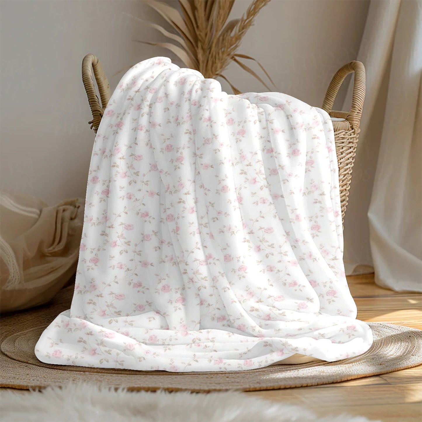 1pc 280Gsm Home Pink Flowers with White Background, Plant Pattern Large Flannel Blanket, Sofa, Bed Blanket, Car Blanket, Outdoor Garden Warm Blanket, Gift