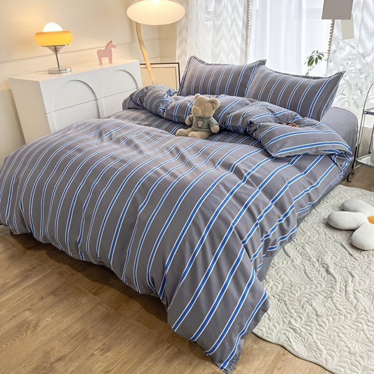 3pcs Duvet Cover Set (1*Duvet Cover + 2*Pillowcase, Without Core), Simple Grey And Blue Striped Print Bedding Set, Soft Comfortable Duvet Cover, For Bedroom, Guest Room