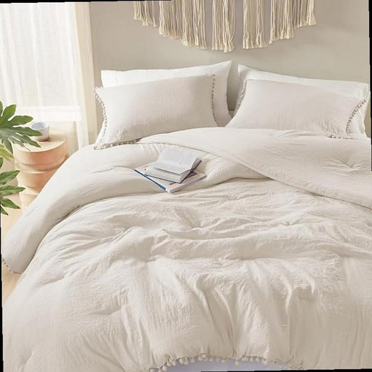 Codi Beige King Comforter Set Boho Chic Bedding with Elegant Pom Fringe Soft Washed Microfiber 3pc Luxury Set Lightweight Breathable for Master Bedroom 1 Comforter 2 Pillow Shams