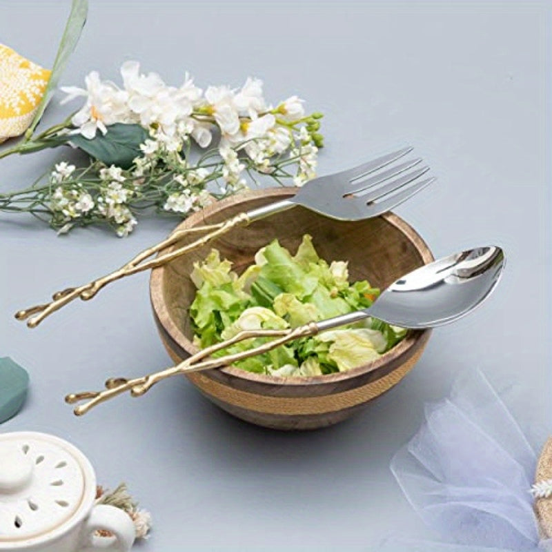 Twig Salad Servers Brass Stainless Steel Fork Spoon Set Leaf Design Two Tone Ideal for Weddings Dinner Parties Elegant Flatware Housewarming Gifts Stainless Steel Mirror Polished Golden Twig