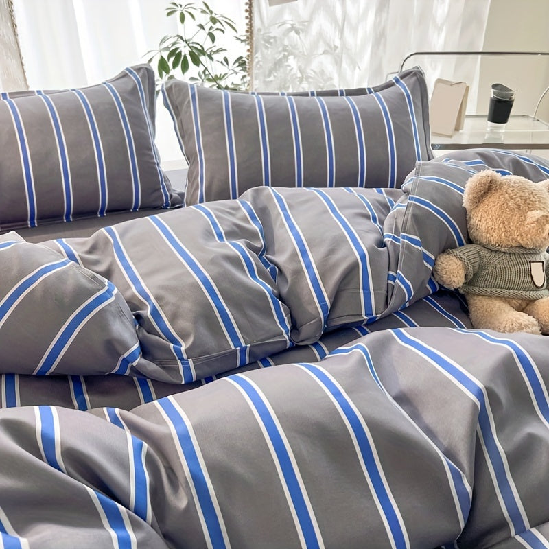 3pcs Duvet Cover Set (1*Duvet Cover + 2*Pillowcase, Without Core), Simple Grey And Blue Striped Print Bedding Set, Soft Comfortable Duvet Cover, For Bedroom, Guest Room