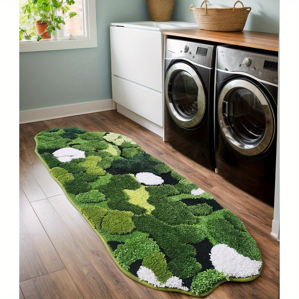 Cute Green Moss And Leaf- Shaped Design, For Bathroom Rug, Long Rectangular, Absorbent And Non- Slip Shaggy Bath Mat, Bathroom Mat, Moss Rug, Green Bathroom Rugs Cute, Bath Rug, Bathroom Runner
