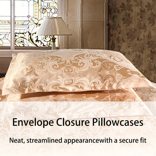 Summer Cool 3pcs Set Classic Jacquard Luxury Golden Satin Quilt Cover (1 Quilt Cover + 2 Pillowcases Without Pillow Core), Lightweight Microfiber Breathable And Soft, Suitable For All Seasons