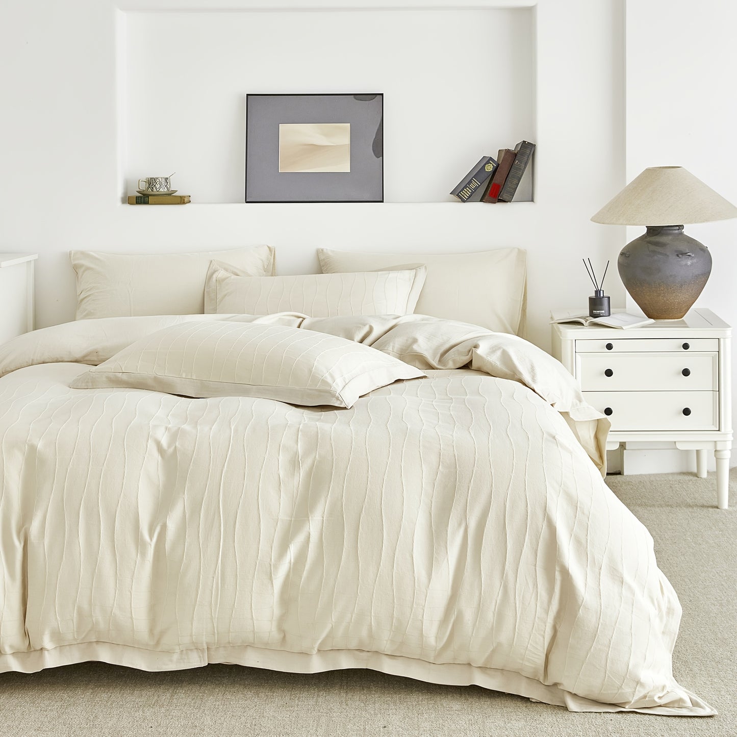 Plaid Jacquard Duvet Cover 100% Cotton 3pcs Set 1 Textured Checkered Duvet Cover with Zipper Ties 2 Pillow Shams Ultra Soft Decorative Hemmed Jacquard Bedding Set