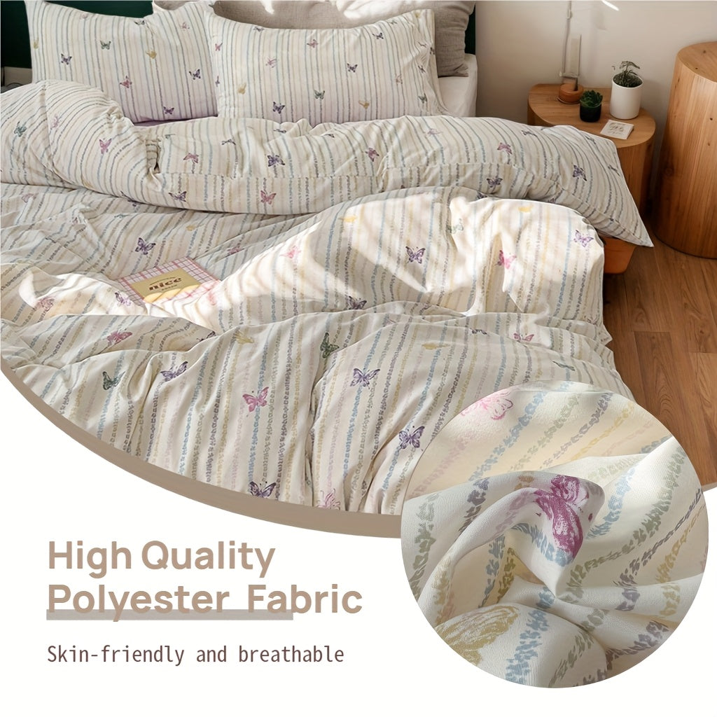 3pcs Pink Butterfly Striped Quilt Set, 100% Lightweight Polyester, Machine Washable, All-season Comfort, Includes 1 Duvet Cover And 2 Pillowcases (transparent Filling)