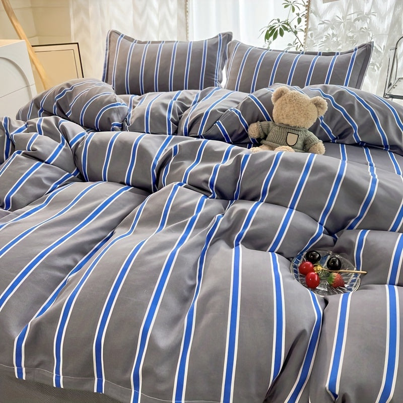 3pcs Duvet Cover Set (1*Duvet Cover + 2*Pillowcase, Without Core), Simple Grey And Blue Striped Print Bedding Set, Soft Comfortable Duvet Cover, For Bedroom, Guest Room
