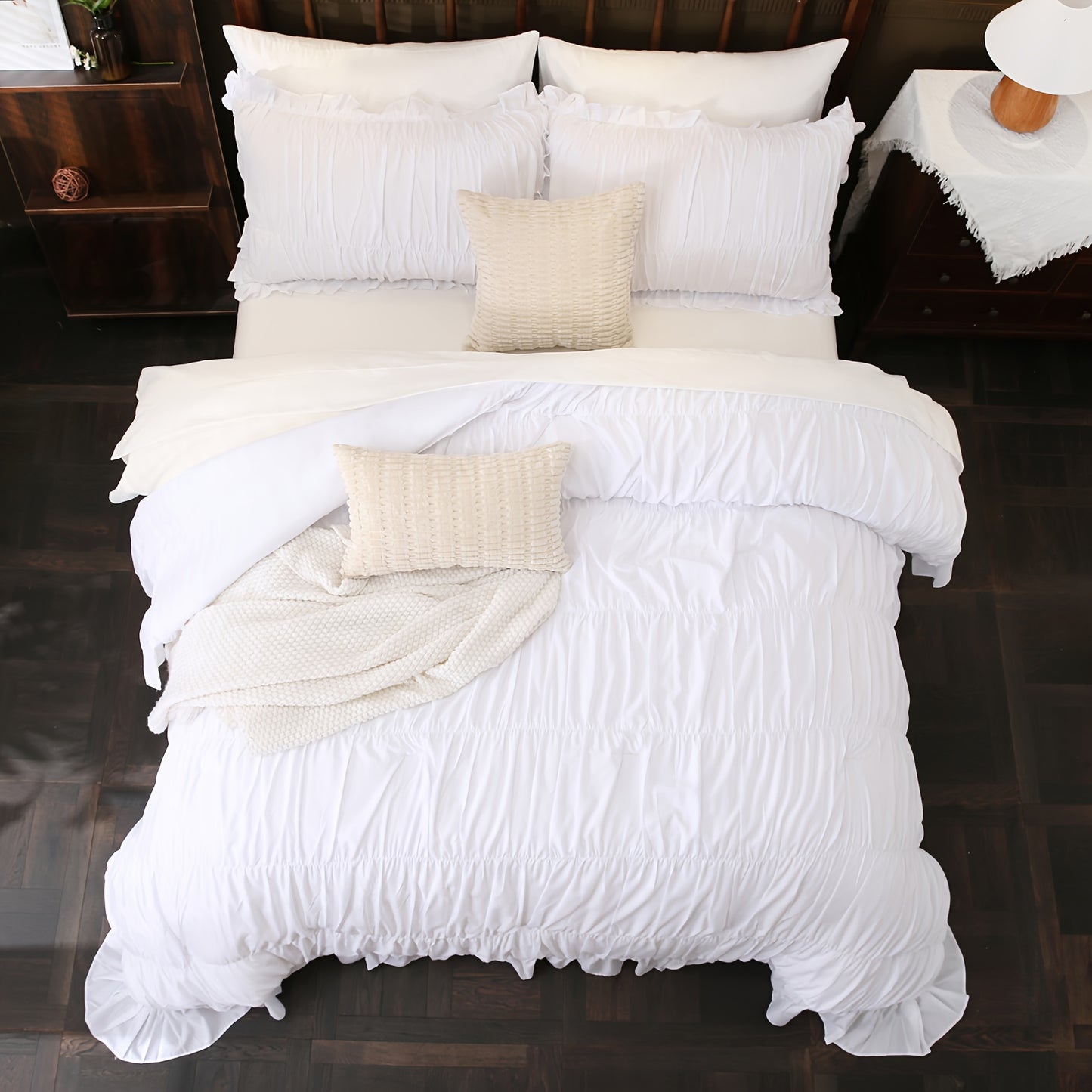 Beige Comforter Set Queen Size, Ruched Boho Bedding 9pcs Bed-in-a-Bag for All Seasons, Fluffy Luxury Ruffle Bedding Set with Comforter, Flat Sheet, Fitted Sheet, Pillow Shams, Pillowcases