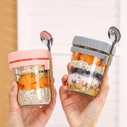 Two containers for overnight oats, with LIDS and spoons, 12-ounce glass Mason overnight oats cans, large-capacity sealed cans, milk, grains, fruits
