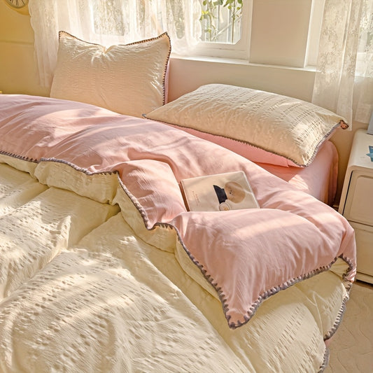 Simple Foam Yarn Color Blocked Four Piece Bedding Set Suitable For All Seasons, Containing One Duvet Cover, One Bed Sheet, Two Pillowcases, Without A Core