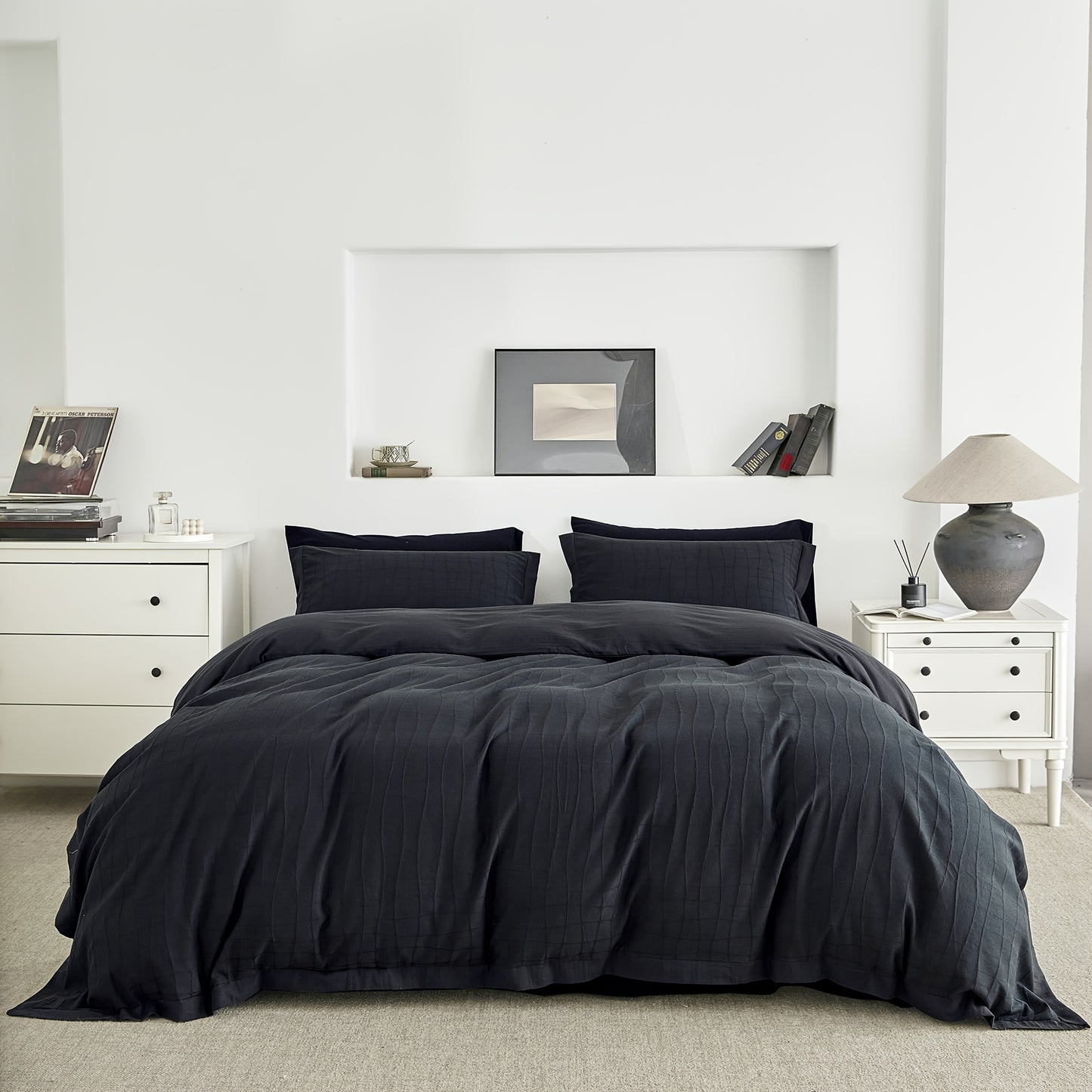 Plaid Jacquard Duvet Cover 100% Cotton 3pcs Set 1 Textured Checkered Duvet Cover with Zipper Ties 2 Pillow Shams Ultra Soft Decorative Hemmed Jacquard Bedding Set