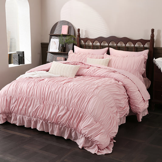 Beige Comforter Set Queen Size, Ruched Boho Bedding 9pcs Bed-in-a-Bag for All Seasons, Fluffy Luxury Ruffle Bedding Set with Comforter, Flat Sheet, Fitted Sheet, Pillow Shams, Pillowcases
