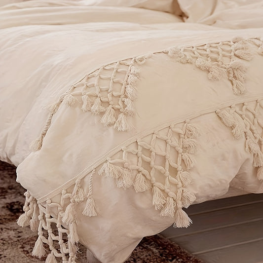 86in x 90in Ivory Tufted Tassel Duvet Cover, Lattice Boho Bedding, Fits Full Queen Size Bed