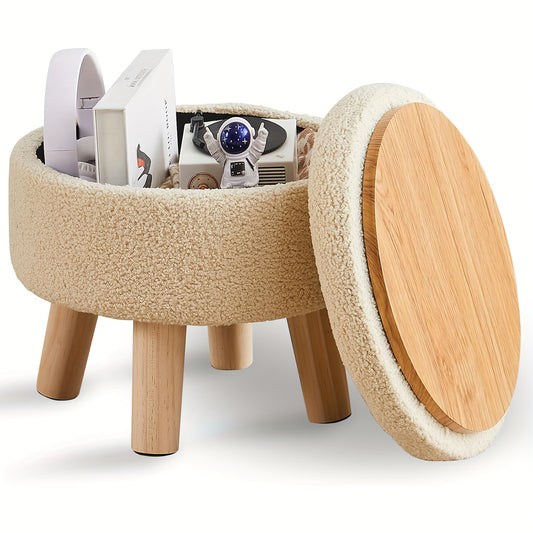 Storage Ottoman, Modern Round Footrest with Soft Padded Seat, Teddy Velvet Footstool with Wood Legs, Accent Small Table Or Plant Stand for Hallway, Living Room