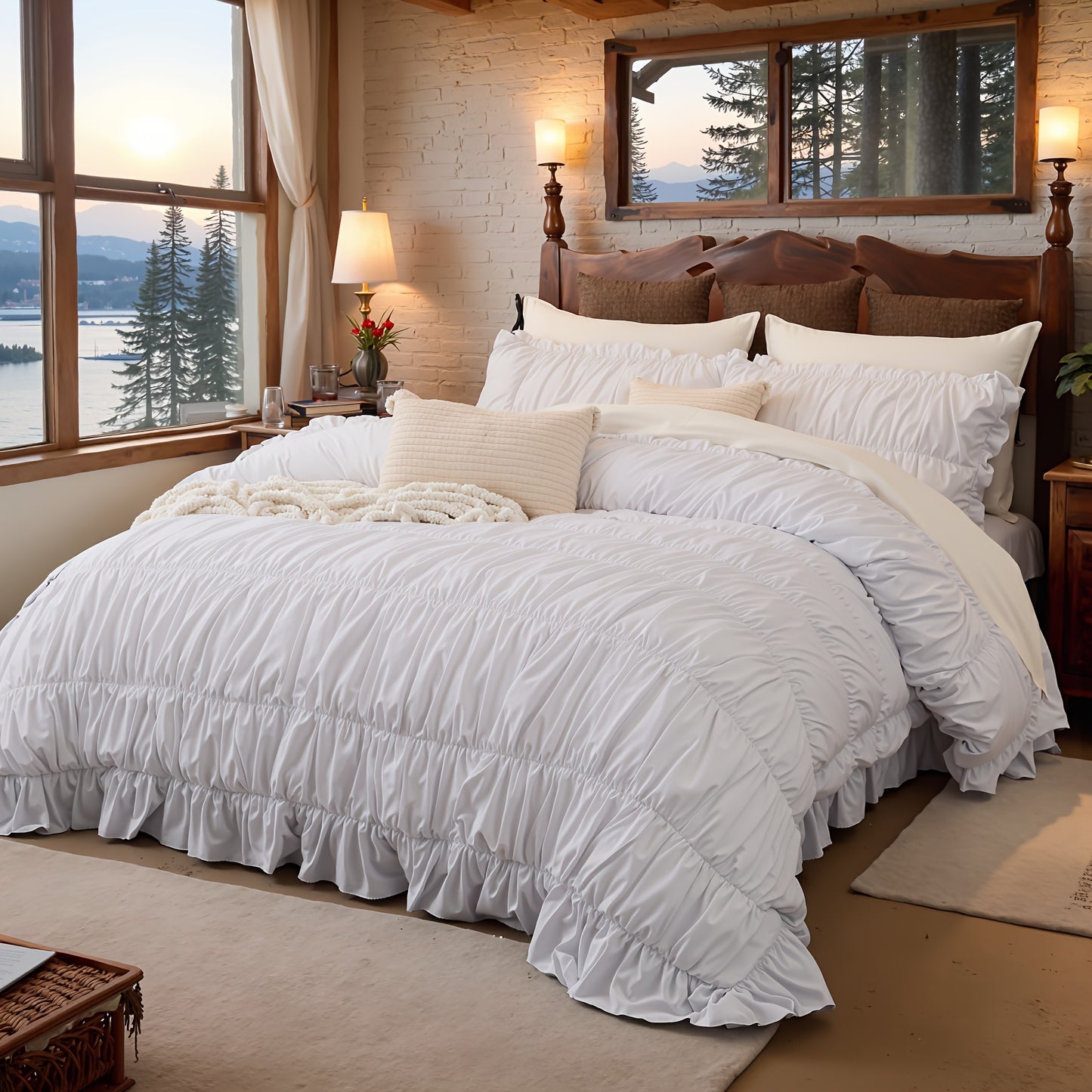 Beige Comforter Set Queen Size, Ruched Boho Bedding 9pcs Bed-in-a-Bag for All Seasons, Fluffy Luxury Ruffle Bedding Set with Comforter, Flat Sheet, Fitted Sheet, Pillow Shams, Pillowcases
