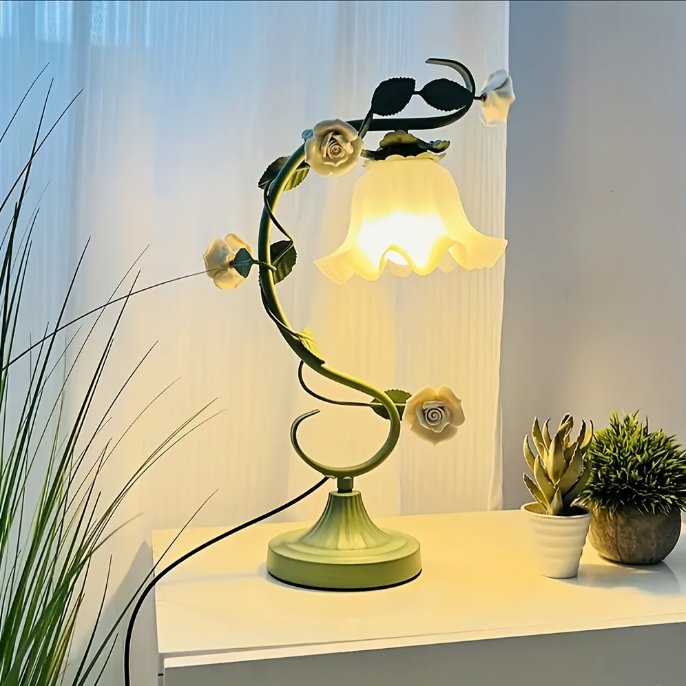 Romantic Flowers, Green Vines, Wrought Iron Country-style Desk Lamp With Ceramic White Rose Flowers' Ideal Choice For Valentine'S Day Gift. It Can Be Used As A Desk Lamp Or Bedside Lamp Powered By USB, Suitable For Bedroom, Study And Living Room.