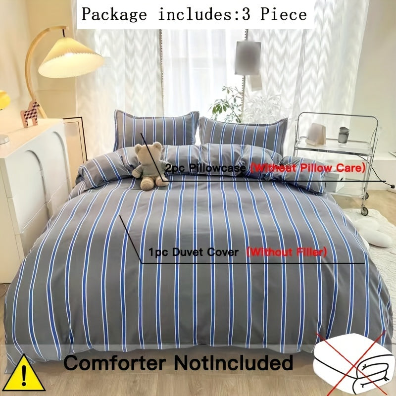 3pcs Duvet Cover Set (1*Duvet Cover + 2*Pillowcase, Without Core), Simple Grey And Blue Striped Print Bedding Set, Soft Comfortable Duvet Cover, For Bedroom, Guest Room