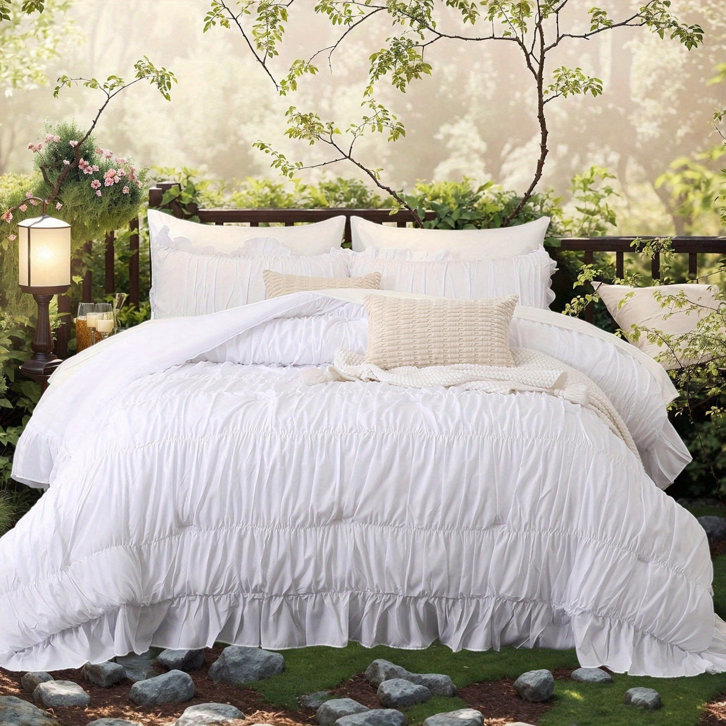Beige Comforter Set Queen Size, Ruched Boho Bedding 9pcs Bed-in-a-Bag for All Seasons, Fluffy Luxury Ruffle Bedding Set with Comforter, Flat Sheet, Fitted Sheet, Pillow Shams, Pillowcases