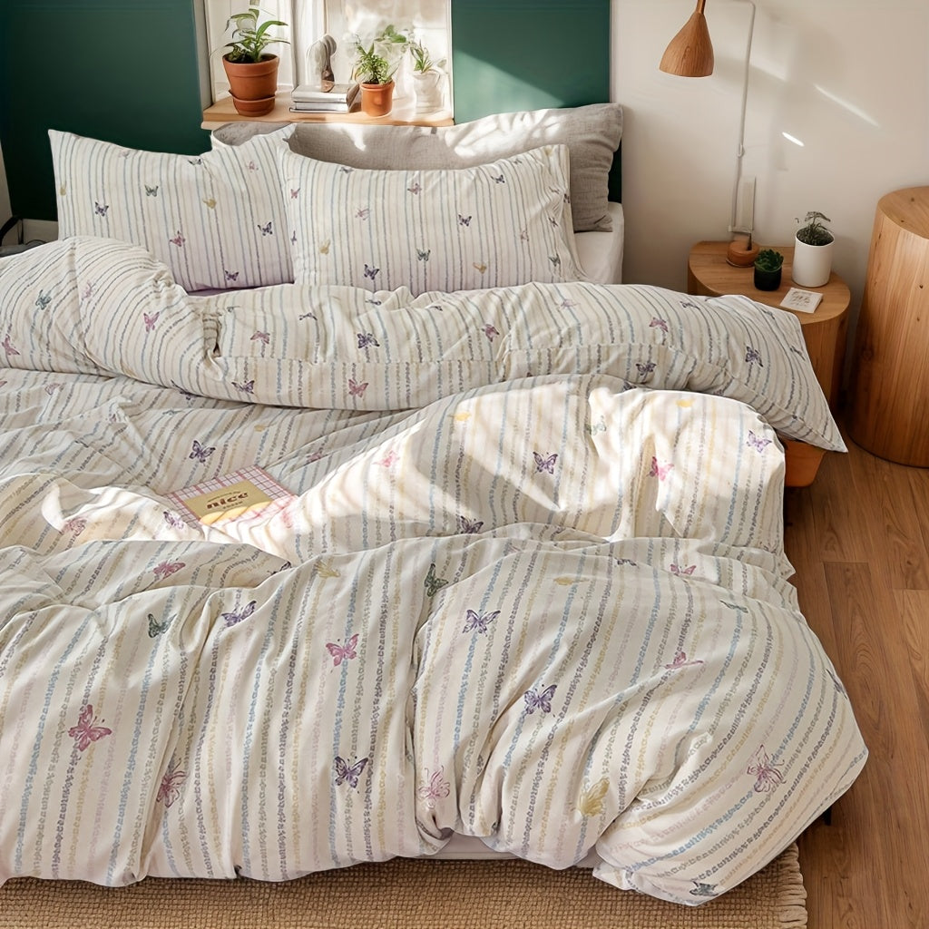 3pcs Pink Butterfly Striped Quilt Set, 100% Lightweight Polyester, Machine Washable, All-season Comfort, Includes 1 Duvet Cover And 2 Pillowcases (transparent Filling)