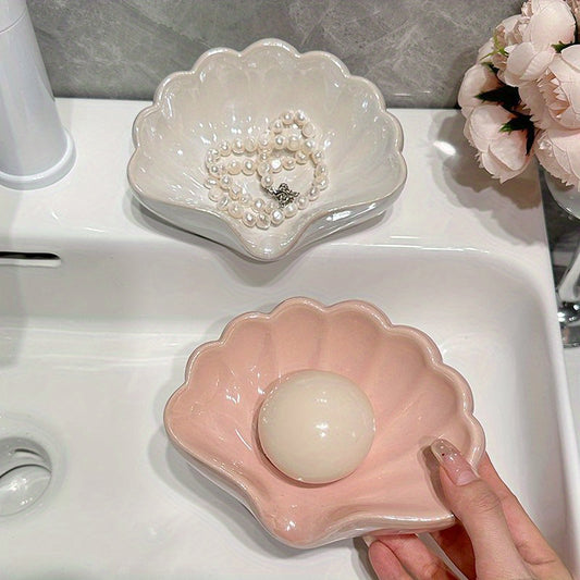 Floral Shell Soap Dish with Drainage Holes - No Drill Adhesive Mount Bathroom Shower Organizer, High-Quality Plastic Multi-Purpose Easy Clean Transparent Design for Home Bathroom Decor, Bathroom Accessories, Nodrill Installation