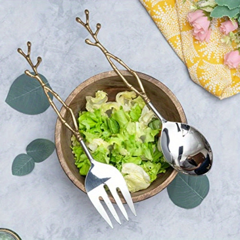 Twig Salad Servers Brass Stainless Steel Fork Spoon Set Leaf Design Two Tone Ideal for Weddings Dinner Parties Elegant Flatware Housewarming Gifts Stainless Steel Mirror Polished Golden Twig