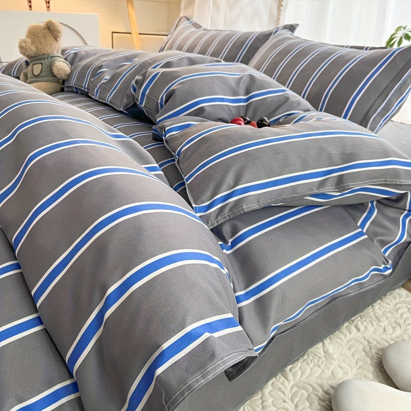 3pcs Duvet Cover Set (1*Duvet Cover + 2*Pillowcase, Without Core), Simple Grey And Blue Striped Print Bedding Set, Soft Comfortable Duvet Cover, For Bedroom, Guest Room