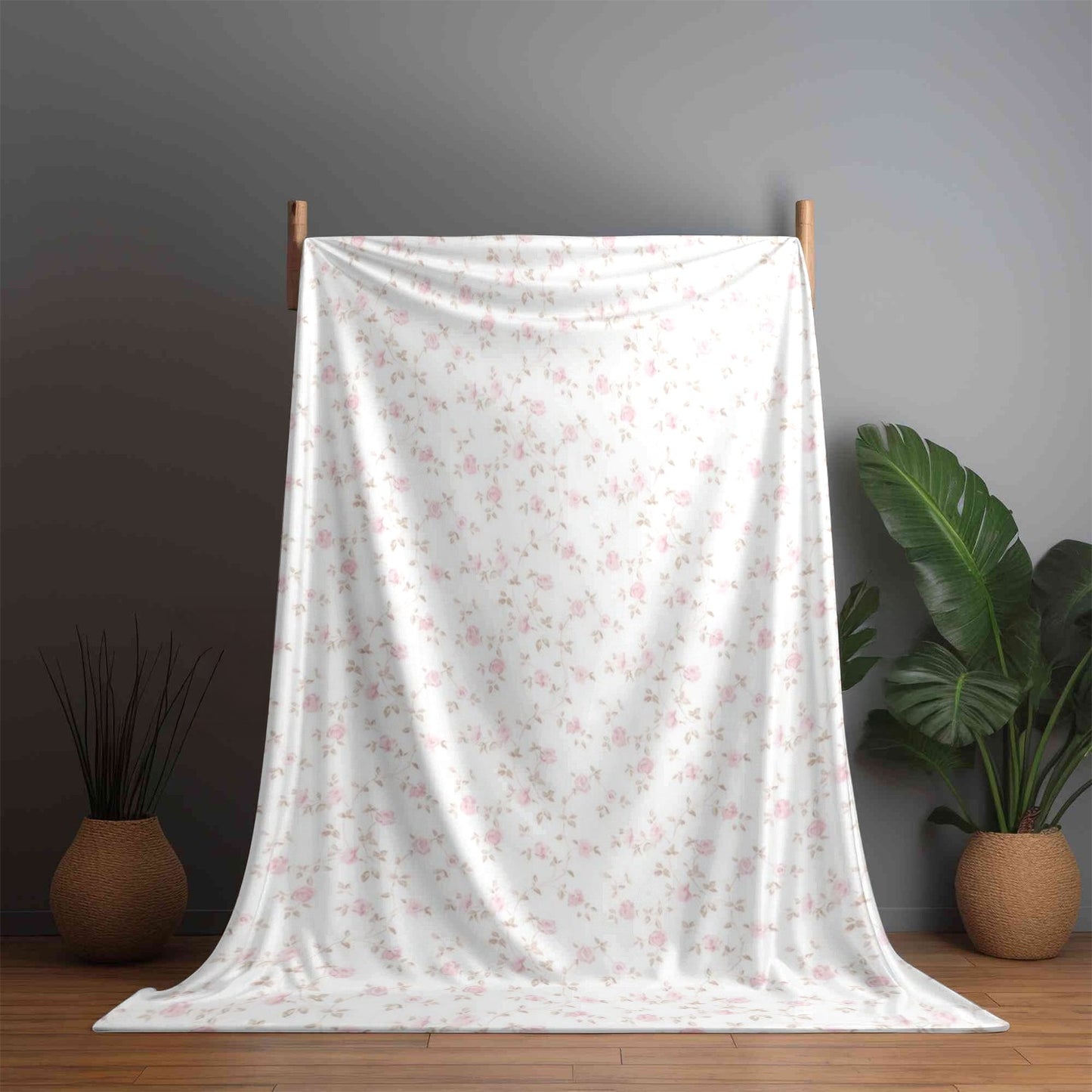 1pc 280Gsm Home Pink Flowers with White Background, Plant Pattern Large Flannel Blanket, Sofa, Bed Blanket, Car Blanket, Outdoor Garden Warm Blanket, Gift